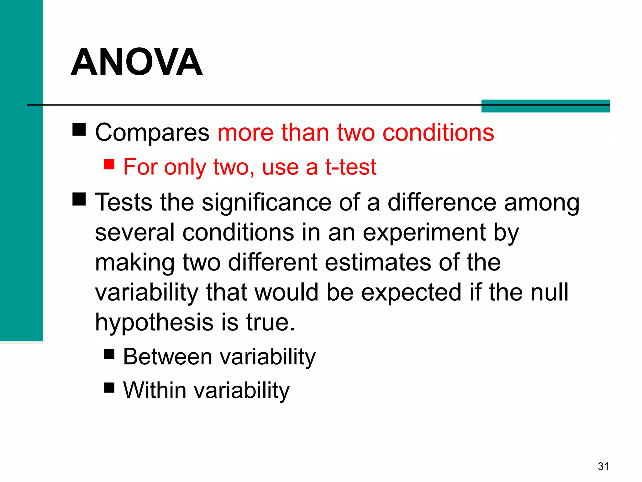 3131
ANOVA
 Compares more than two conditions
 For only two, use a t-test
 Tests the significance of a difference among
several conditions in an experiment by
making two different estimates of the
variability that would be expected if the null
hypothesis is true.
 Between variability
 Within variability
 