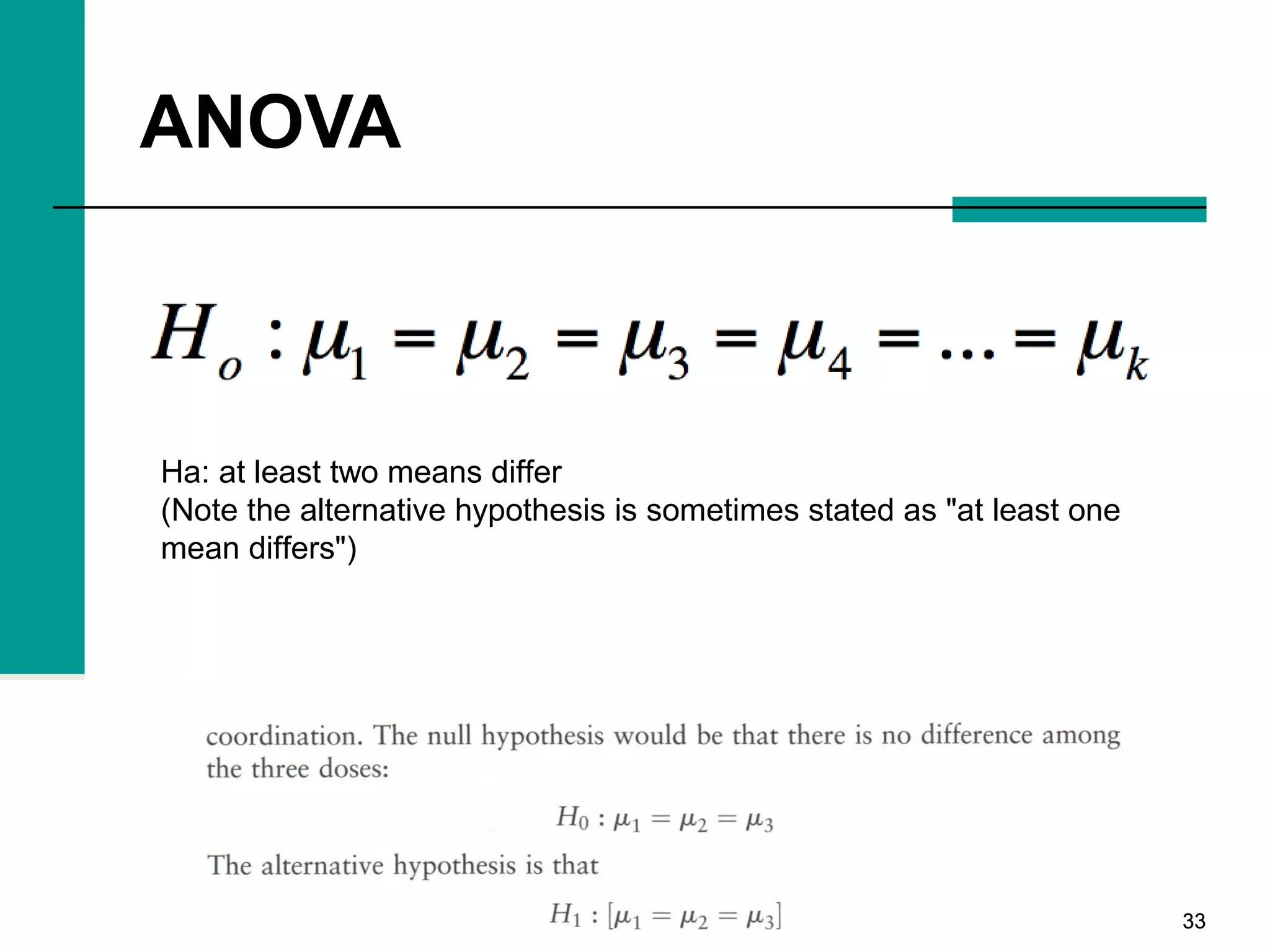 3333
ANOVA
Ha: at least two means differ
(Note the alternative hypothesis is sometimes stated as "at least one
mean differs")
 