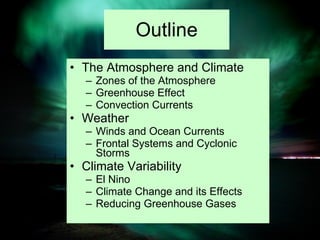 Outline The Atmosphere and Climate Zones of the Atmosphere Greenhouse Effect Convection Currents Weather Winds and Ocean Currents Frontal Systems and Cyclonic Storms Climate Variability El Nino Climate Change and its Effects Reducing Greenhouse Gases 