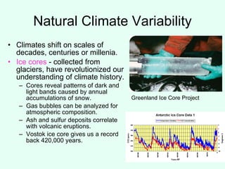 Natural Climate Variability Climates shift on scales of decades, centuries or millenia.  Ice cores  - collected from glaciers, have revolutionized our understanding of climate history.  Cores reveal patterns of dark and light bands caused by annual accumulations of snow. Gas bubbles can be analyzed for atmospheric composition. Ash and sulfur deposits correlate with volcanic eruptions. Vostok ice core gives us a record back 420,000 years. Greenland Ice Core Project  