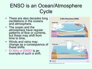 ENSO is an Ocean/Atmosphere Cycle There are also decades long oscillations in the oceans and atmosphere. The ocean and the atmosphere have regular patterns of flow or currents, but these may shift from time to time. Winds and rains may change as a consequence of these shifts.  El Niño or ENSO   is an example of such a shift. 