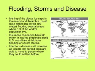 Flooding, Storms and Disease Melting of the glacial ice caps in Greenland and Antarctica  could raise global seal levels 100 meters flooding coastal areas where 1/3 of the world’s population live. Insurance companies have $2 trillion in insured properties along U.S. coastlines at risk from flooding or severe storms. Infectious diseases will increase as insects that spread them are able to move to places where  they could not live before. 