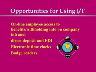 Opportunities for Using I/T

On-line employee access to
benefits/withholding info on company
intranet
direct deposit and EDI
Electronic time clocks
Badge readers
 