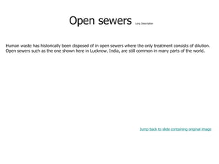 Open sewers Long Description
Human waste has historically been disposed of in open sewers where the only treatment consists of dilution.
Open sewers such as the one shown here in Lucknow, India, are still common in many parts of the world.
Jump back to slide containing original image
 
