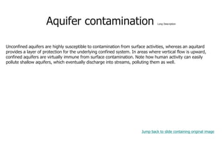 Aquifer contamination Long Description
Unconfined aquifers are highly susceptible to contamination from surface activities, whereas an aquitard
provides a layer of protection for the underlying confined system. In areas where vertical flow is upward,
confined aquifers are virtually immune from surface contamination. Note how human activity can easily
pollute shallow aquifers, which eventually discharge into streams, polluting them as well.
Jump back to slide containing original image
 