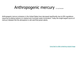 Anthropogenic mercury (2) Long Description
Anthropogenic mercury emissions in the United States have decreased significantly due to EPA regulations
requiring scrubbing systems on medical and municipal waste incinerators. Today the single largest source of
mercury released into the atmosphere is old coal-fired power plants.
Jump back to slide containing original image
 