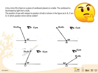 A tiny mirror M is fixed on a piece of cardboard placed on a table. The cardboard is
illuminated by light from a bulb.
The position of eye with respect to position of bulb is shown in the figure as A, B, C and
D. In which position mirror will be visible?
 