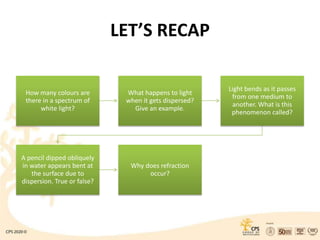 LET’S RECAP
How many colours are
there in a spectrum of
white light?
What happens to light
when it gets dispersed?
Give an example.
Light bends as it passes
from one medium to
another. What is this
phenomenon called?
A pencil dipped obliquely
in water appears bent at
the surface due to
dispersion. True or false?
Why does refraction
occur?
 