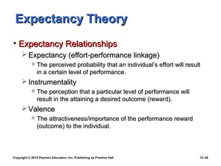 Expectancy Theory
• Expectancy Relationships
      Expectancy (effort-performance linkage)
               The perceived probability that an individual’s effort will result
                in a certain level of performance.
      Instrumentality
               The perception that a particular level of performance will
                result in the attaining a desired outcome (reward).
      Valence
               The attractiveness/importance of the performance reward
                (outcome) to the individual.



Copyright © 2010 Pearson Education, Inc. Publishing as Prentice Hall            15–30
 