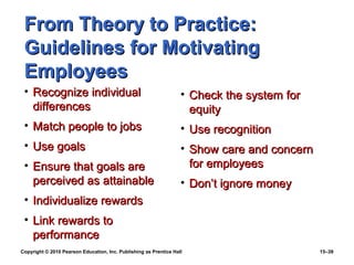 From Theory to Practice:
 Guidelines for Motivating
 Employees
 • Recognize individual                                            • Check the system for
   differences                                                       equity
 • Match people to jobs                                            • Use recognition
 • Use goals                                                       • Show care and concern
 • Ensure that goals are                                             for employees
   perceived as attainable                                         • Don’t ignore money
 • Individualize rewards
 • Link rewards to
   performance
Copyright © 2010 Pearson Education, Inc. Publishing as Prentice Hall                         15–39
 