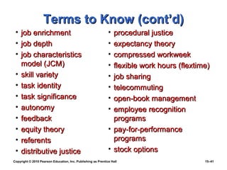 Terms to Know (cont’d)
 •   job enrichment                                           • procedural justice
 •   job depth                                                • expectancy theory
 •   job characteristics                                      • compressed workweek
     model (JCM)                                              • flexible work hours (flextime)
 •   skill variety                                            • job sharing
 •   task identity                                            • telecommuting
 •   task significance                                        • open-book management
 •   autonomy                                                 • employee recognition
 •   feedback                                                   programs
 •   equity theory                                            • pay-for-performance
 •   referents                                                  programs
 •   distributive justice                                     • stock options
Copyright © 2010 Pearson Education, Inc. Publishing as Prentice Hall                        15–41
 
