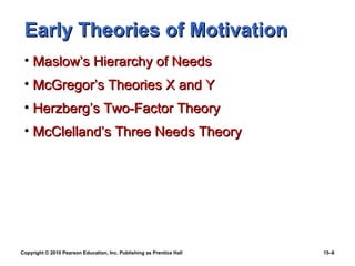 Early Theories of Motivation
 • Maslow’s Hierarchy of Needs
 • McGregor’s Theories X and Y
 • Herzberg’s Two-Factor Theory
 • McClelland’s Three Needs Theory




Copyright © 2010 Pearson Education, Inc. Publishing as Prentice Hall   15–6
 