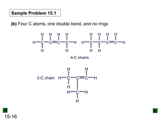 15-16
Sample Problem 15.1
(b) Four C atoms, one double bond, and no rings
H C
H
H
C C
H
H
C
H H
H
3-C chain
H C C C C
H
H
H H H
H
H
C C
H
H
H
H
H
C C H
H
H
4-C chains
 