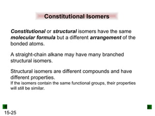 15-25
Constitutional Isomers
Constitutional or structural isomers have the same
molecular formula but a different arrangement of the
bonded atoms.
A straight-chain alkane may have many branched
structural isomers.
Structural isomers are different compounds and have
different properties.
If the isomers contain the same functional groups, their properties
will still be similar.
 