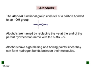 15-57
Alcohols
The alcohol functional group consists of a carbon bonded
to an –OH group.
C O H
Alcohols are named by replacing the –e at the end of the
parent hydrocarbon name with the suffix –ol.
Alcohols have high melting and boiling points since they
can form hydrogen bonds between their molecules.
 