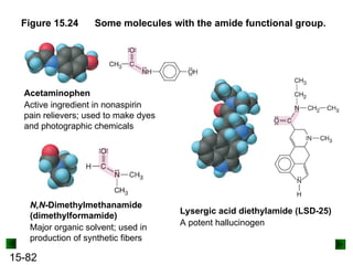 15-82
Lysergic acid diethylamide (LSD-25)
A potent hallucinogen
Figure 15.24 Some molecules with the amide functional group.
N,N-Dimethylmethanamide
(dimethylformamide)
Major organic solvent; used in
production of synthetic fibers
Acetaminophen
Active ingredient in nonaspirin
pain relievers; used to make dyes
and photographic chemicals
 