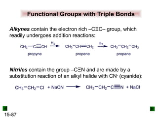 15-87
Functional Groups with Triple Bonds
Alkynes contain the electron rich –CΞC– group, which
readily undergoes addition reactions:
C CH
CH3
H2
propyne
CH CH2
CH3
propene
H2
CH2 CH3
CH3
propane
Nitriles contain the group –CΞN and are made by a
substitution reaction of an alkyl halide with CN-
(cyanide):
CH2 Cl
CH3 + NaCN CH2 C
CH3 N + NaCl
 