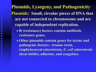 Plasmids, Lysogeny, and Pathogenicity
Plasmids: Small, circular pieces of DNA that
are not connected to chromosome and are
capable of independent replication.
R (resistance) factors contain antibiotic
resistance genes.
Other plasmids contain genes for toxins and
pathogenic factors: tetanus toxin,
staphylococcal enterotoxin, E. coli enterotoxin
(heat-labile), adhesins, and coagulase.
 