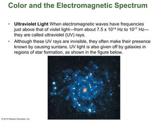 Color and the Electromagnetic Spectrum
• Ultraviolet Light When electromagnetic waves have frequencies
just above that of violet light—from about 7.5 x 1014 Hz to 1017 Hz—
they are called ultraviolet (UV) rays.
• Although these UV rays are invisible, they often make their presence
known by causing suntans. UV light is also given off by galaxies in
regions of star formation, as shown in the figure below.
© 2014 Pearson Education, Inc.
 
