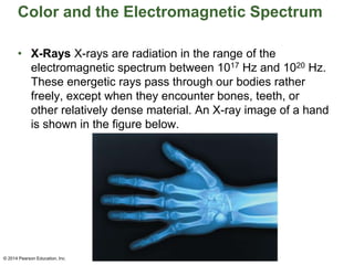 Color and the Electromagnetic Spectrum
• X-Rays X-rays are radiation in the range of the
electromagnetic spectrum between 1017 Hz and 1020 Hz.
These energetic rays pass through our bodies rather
freely, except when they encounter bones, teeth, or
other relatively dense material. An X-ray image of a hand
is shown in the figure below.
© 2014 Pearson Education, Inc.
 