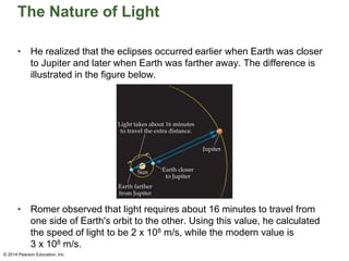 The Nature of Light
• He realized that the eclipses occurred earlier when Earth was closer
to Jupiter and later when Earth was farther away. The difference is
illustrated in the figure below.
• Romer observed that light requires about 16 minutes to travel from
one side of Earth's orbit to the other. Using this value, he calculated
the speed of light to be 2 x 108 m/s, while the modern value is
3 x 108 m/s.
© 2014 Pearson Education, Inc.
 