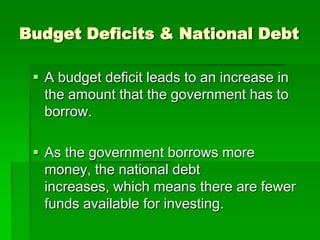 Budget Deficits & National Debt
 A budget deficit leads to an increase in
the amount that the government has to
borrow.
 As the government borrows more
money, the national debt
increases, which means there are fewer
funds available for investing.
 