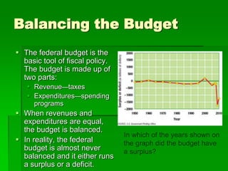Balancing the Budget
 The federal budget is the
basic tool of fiscal policy.
The budget is made up of
two parts:
 Revenue—taxes
 Expenditures—spending
programs
 When revenues and
expenditures are equal,
the budget is balanced.
 In reality, the federal
budget is almost never
balanced and it either runs
a surplus or a deficit.
In which of the years shown on
the graph did the budget have
a surplus?
 