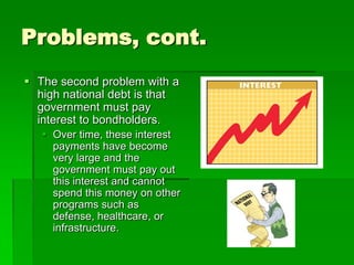 Problems, cont.
 The second problem with a
high national debt is that
government must pay
interest to bondholders.
 Over time, these interest
payments have become
very large and the
government must pay out
this interest and cannot
spend this money on other
programs such as
defense, healthcare, or
infrastructure.
 