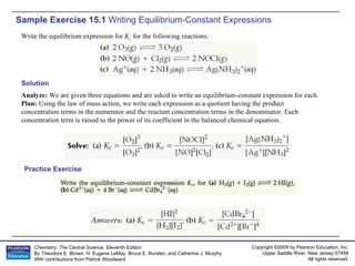 Sample Exercise 15.1  Writing Equilibrium-Constant Expressions Write the equilibrium expression for  K c   for the following reactions: Solution Analyze:  We are given three equations and are asked to write an equilibrium-constant expression for each. Plan:  Using the law of mass action, we write each expression as a quotient having the product concentration terms in the numerator and the reactant concentration terms in the denominator. Each concentration term is raised to the power of its coefficient in the balanced chemical equation. Practice Exercise 