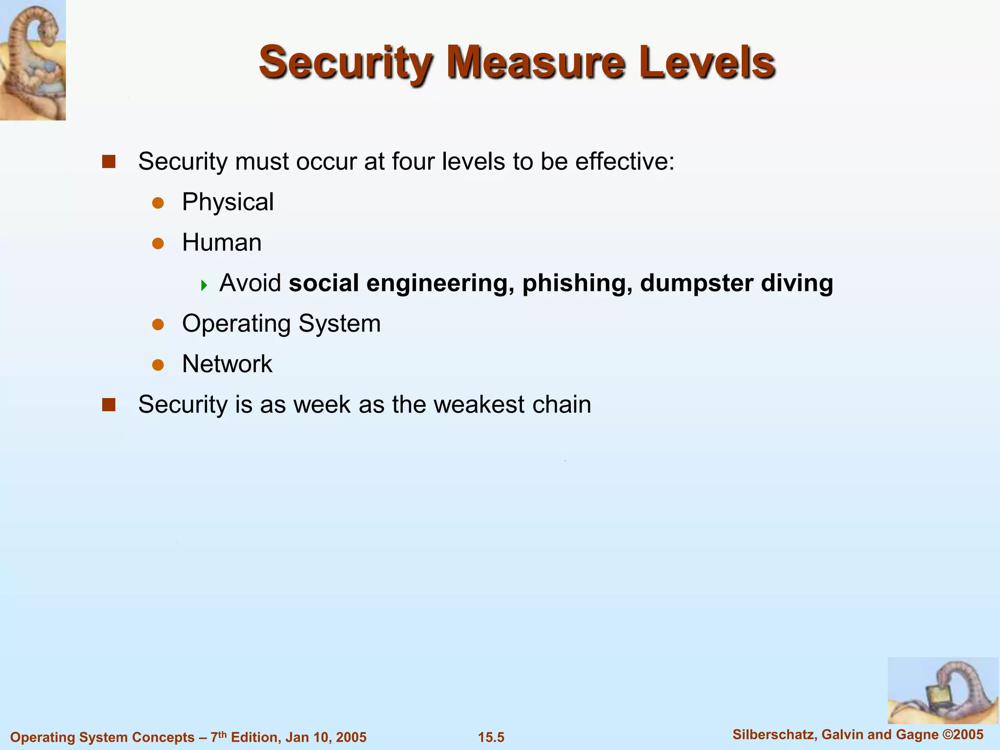 Security Measure Levels

              Security must occur at four levels to be effective:
                        Physical
                        Human
                              Avoid social engineering, phishing, dumpster diving
                        Operating System
                        Network
              Security is as week as the weakest chain




Operating System Concepts – 7th Edition, Jan 10, 2005   15.5             Silberschatz, Galvin and Gagne ©2005
 
