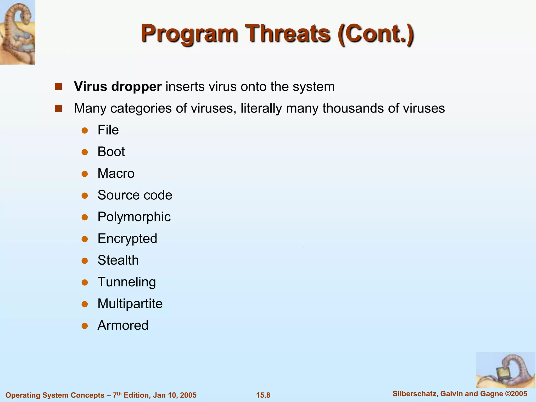 Program Threats (Cont.)

              Virus dropper inserts virus onto the system
              Many categories of viruses, literally many thousands of viruses
                        File
                        Boot
                        Macro
                        Source code
                        Polymorphic
                        Encrypted
                        Stealth
                        Tunneling
                        Multipartite
                        Armored




Operating System Concepts – 7th Edition, Jan 10, 2005   15.8         Silberschatz, Galvin and Gagne ©2005
 