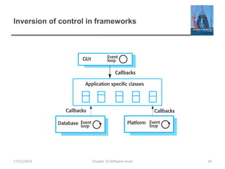 Inversion of control in frameworks
Chapter 15 Software reuse 2417/11/2014
 