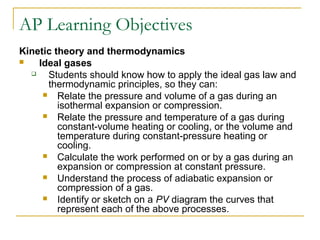 AP Learning Objectives
Kinetic theory and thermodynamics
 Ideal gases
 Students should know how to apply the ideal gas law and
thermodynamic principles, so they can:
 Relate the pressure and volume of a gas during an
isothermal expansion or compression.
 Relate the pressure and temperature of a gas during
constant-volume heating or cooling, or the volume and
temperature during constant-pressure heating or
cooling.
 Calculate the work performed on or by a gas during an
expansion or compression at constant pressure.
 Understand the process of adiabatic expansion or
compression of a gas.
 Identify or sketch on a PV diagram the curves that
represent each of the above processes.
 