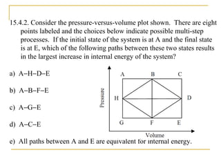 15.4.2. Consider the pressure-versus-volume plot shown. There are eight
points labeled and the choices below indicate possible multi-step
processes. If the initial state of the system is at A and the final state
is at E, which of the following paths between these two states results
in the largest increase in internal energy of the system?
a) A−H−D−E
b) A−B−F−E
c) A−G−E
d) A−C−E
e) All paths between A and E are equivalent for internal energy.
 