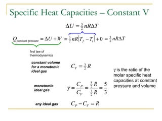 constant volume
for a monatomic
ideal gas
RCV 2
3
=
monatomic
ideal gas
3
5
2
3
2
5
===
R
R
C
C
V
P
γ
any ideal gas RCC VP =−
Specific Heat Capacities – Constant V
WUQ +∆=pressureconstant ( ) 02
3
+−= if TTnR TnR∆= 2
3
first law of
thermodynamics
TnRU ∆=∆ 2
3
γ is the ratio of the
molar specific heat
capacities at constant
pressure and volume
 