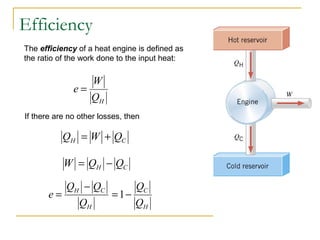 The efficiency of a heat engine is defined as
the ratio of the work done to the input heat:
HQ
W
e =
If there are no other losses, then
CH QWQ +=
H
CH
Q
QQ
e
−
=
Efficiency
CH QQW −=
H
C
Q
Q
−=1
 