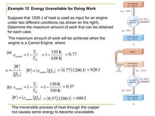 Example 12 Energy Unavailable for Doing Work
Suppose that 1200 J of heat is used as input for an engine
under two different conditions (as shown on the right).
Determine the maximum amount of work that can be obtained
for each case.
HQ
W
e =
The maximum amount of work will be achieved when the
engine is a Carnot Engine, where
(a)
H
C
T
T
e −=1carnot
( ) HQeW carnot=
(b)
H
C
T
T
e −=1carnot
( ) HQeW carnot=
The irreversible process of heat through the copper
rod causes some energy to become unavailable.
77.0=
K650
K150
1−=
( )( )J120077.0= J920=
K350
K150
1−= 57.0=
( )( )J120057.0= J680=
 