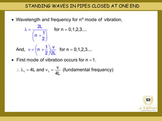 1 1
2L
4L
 
n 
1
 2
 
 2 2L
 Wavelength and frequency for nth
mode of vibration,
for n  0,1,2,3....
And,   n 
1 v
for n  0,1,2,3....
 First mode of vibration occurs for n 1.
 
   4L and  
v
(fundamental frequency)
STANDING WAVES IN PIPES CLOSED AT ONE END
 