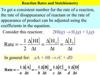 Reaction Rates and Stoichiometry To get a consistent number for the rate of a reaction, the rate of disappearance of reactant or the rate of appearance of product can be adjusted using the coefficients in the equation. Consider this reaction:  2HI( g )      H 2 ( g )  +  I 2 ( g ) In general for: a A  + b B     c C  + d D 