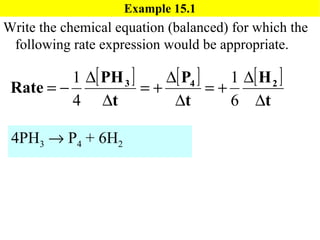 Example 15.1 Write the chemical equation (balanced) for which the following rate expression would be appropriate.  4PH 3     P 4  + 6H 2 