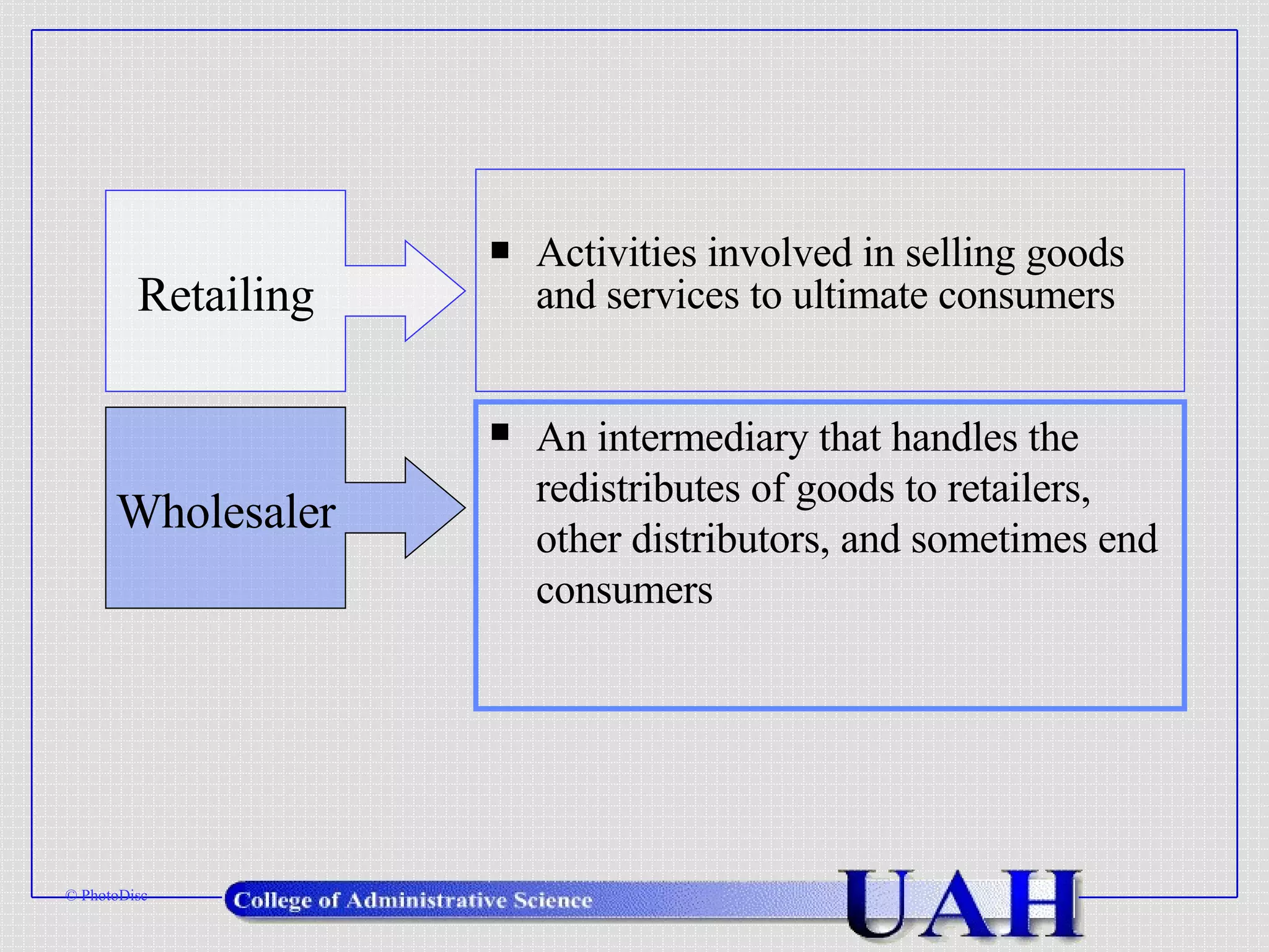 Activities involved in selling goods and services to ultimate consumers Wholesaler Retailing An intermediary that handles the redistributes of goods to retailers, other distributors, and sometimes end consumers © PhotoDisc 