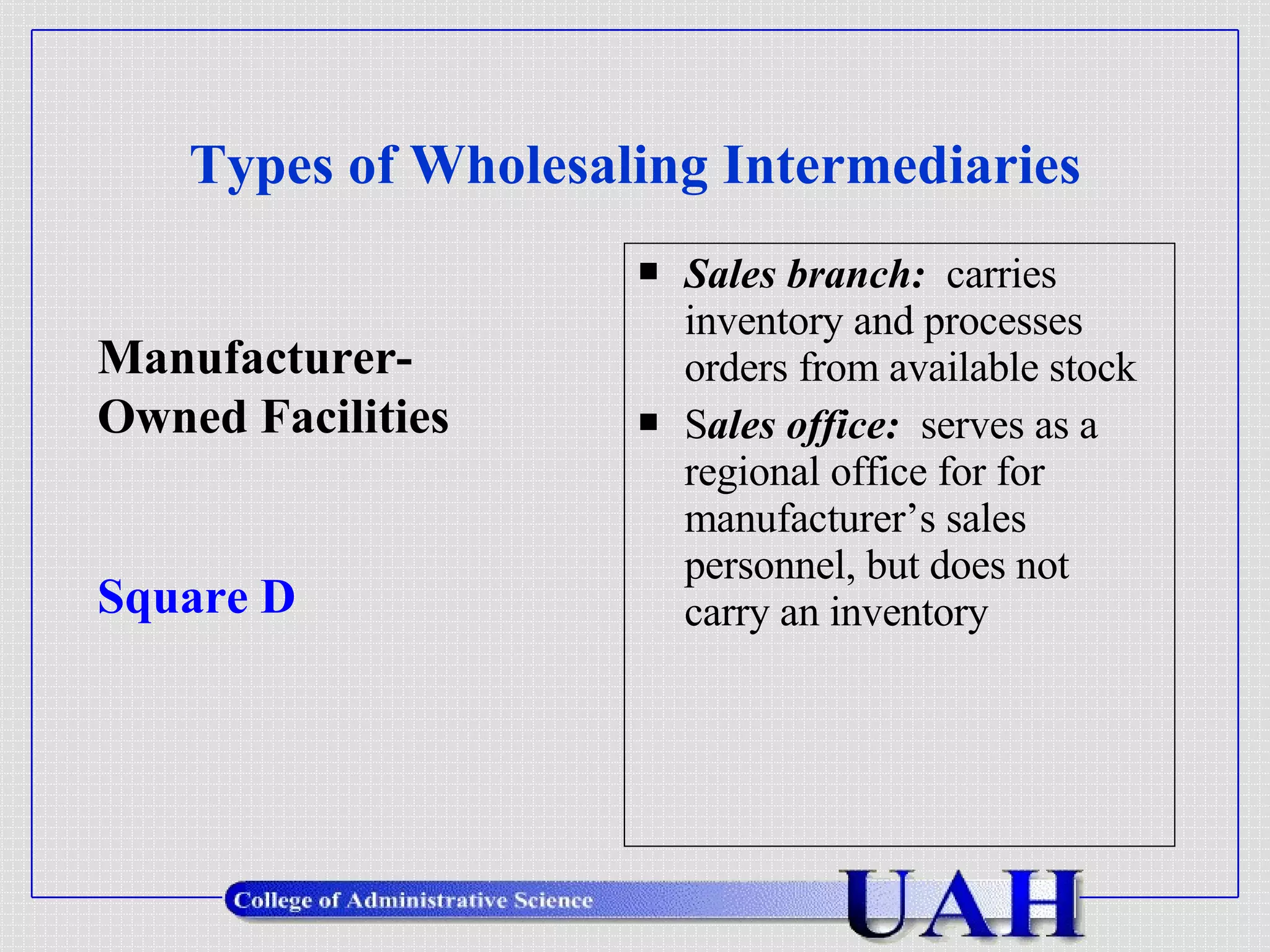 Types of Wholesaling Intermediaries Sales branch:   carries inventory and processes orders from available stock S ales office:  serves as a regional office for for manufacturer’s sales personnel, but does not carry an inventory Manufacturer- Owned Facilities Square D 