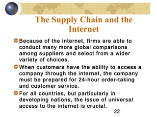 22
The Supply Chain and the
Internet
Because of the internet, firms are able to
conduct many more global comparisons
among suppliers and select from a wider
variety of choices.
When customers have the ability to access a
company through the internet, the company
must be prepared for 24-hour order-taking
and customer service.
For all countries, but particularly in
developing nations, the issue of universal
access to the internet is crucial.
 