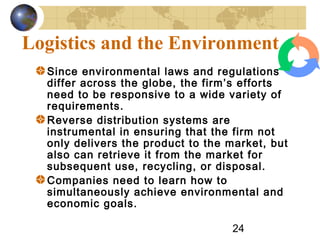 24
Logistics and the Environment
Since environmental laws and regulations
differ across the globe, the firm’s efforts
need to be responsive to a wide variety of
requirements.
Reverse distribution systems are
instrumental in ensuring that the firm not
only delivers the product to the market, but
also can retrieve it from the market for
subsequent use, recycling, or disposal.
Companies need to learn how to
simultaneously achieve environmental and
economic goals.
 
