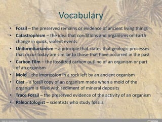 Vocabulary
• Fossil – the preserved remains or evidence of ancient living things
• Catastrophism – the idea that conditions and organisms on Earth
change in quick, violent events
• Uniformitarianism – a principle that states that geologic processes
that occur today are similar to those that have occurred in the past
• Carbon Film – the fossilized carbon outline of an organism or part
of an organism
• Mold – the impression in a rock left by an ancient organism
• Cast – a fossil copy of an organism made when a mold of the
organism is filled with sediment of mineral deposits
• Trace Fossil – the preserved evidence of the activity of an organism
• Paleontologist – scientists who study fossils
 