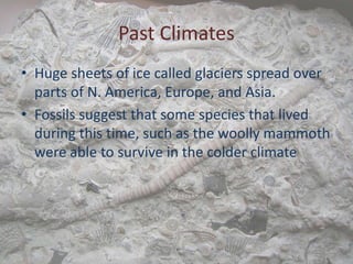 Past Climates
• Huge sheets of ice called glaciers spread over
parts of N. America, Europe, and Asia.
• Fossils suggest that some species that lived
during this time, such as the woolly mammoth
were able to survive in the colder climate
 