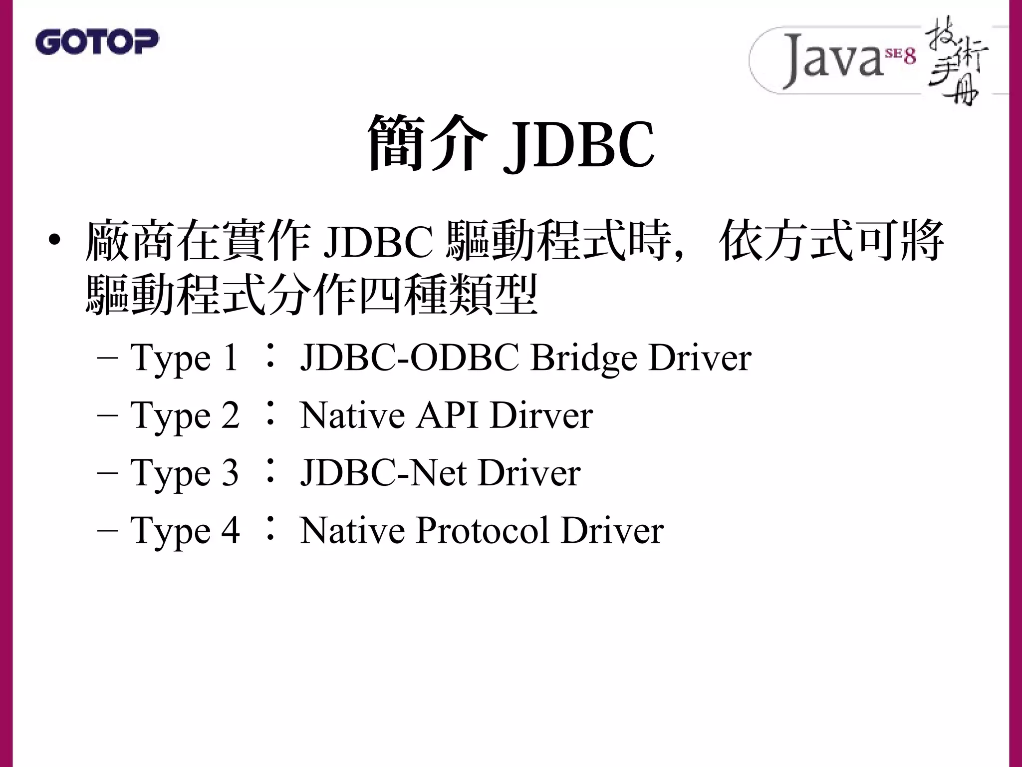 簡介 JDBC
• 廠商在實作 JDBC 驅動程式時，依方式可將
驅動程式分作四種類型
– Type 1 ： JDBC-ODBC Bridge Driver
– Type 2 ： Native API Dirver
– Type 3 ： JDBC-Net Driver
– Type 4 ： Native Protocol Driver
 