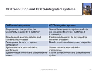 COTS-solution and COTS-integrated systems
COTS-solution systems COTS-integrated systems
Single product that provides the
functionality required by a customer
Several heterogeneous system products
are integrated to provide customized
functionality
Based around a generic solution and
standardized processes
Flexible solutions may be developed for
customer processes
Development focus is on system
configuration
Development focus is on system integration
System vendor is responsible for
maintenance
System owner is responsible for
maintenance
System vendor provides the platform for the
system
System owner provides the platform for the
system
40Chapter 16 Software reuse
 