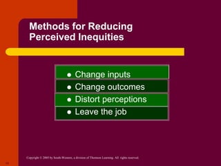 Copyright © 2005 by South-Western, a division of Thomson Learning. All rights reserved.
15
Methods for Reducing
Perceived Inequities
 Change inputs
 Change outcomes
 Distort perceptions
 Leave the job
 