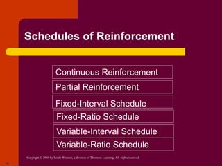 Copyright © 2005 by South-Western, a division of Thomson Learning. All rights reserved.
18
Schedules of Reinforcement
Continuous Reinforcement
Partial Reinforcement
Fixed-Interval Schedule
Fixed-Ratio Schedule
Variable-Interval Schedule
Variable-Ratio Schedule
 